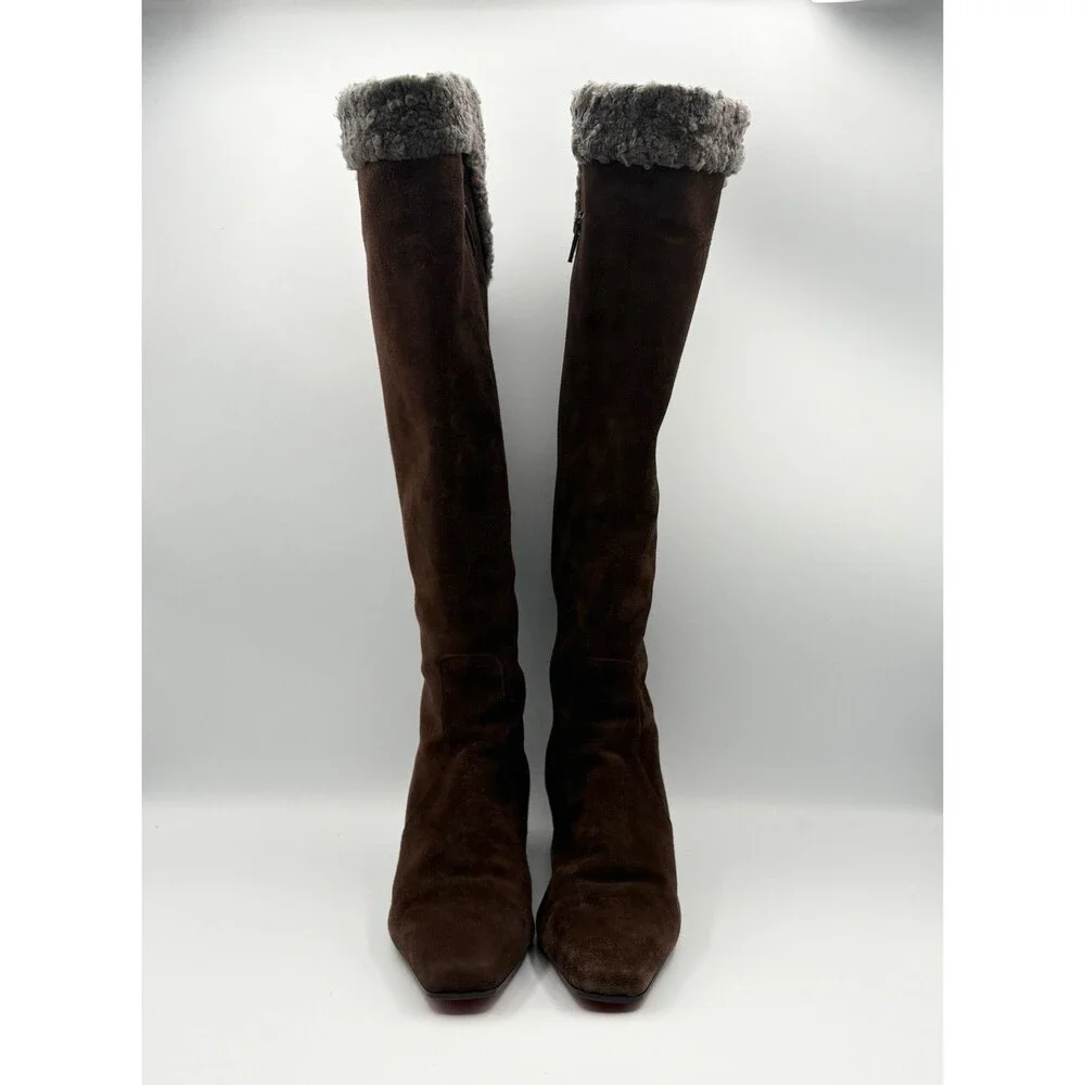 Christian Louboutin Brown Suede Knee High Boots Sheepskin Accent Size EU 36.5